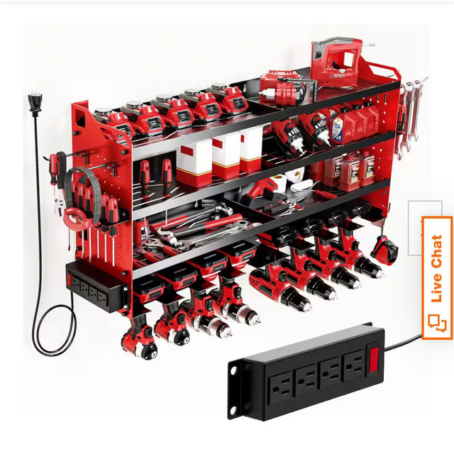 Red Steel 4-Tier Power Tool Organizer Wall Mount Tool Storage Rack Workbench with Side Pegboards (1-Pack) BD-TR007RD