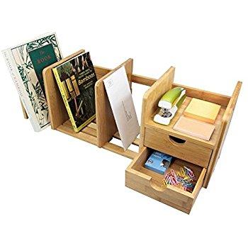 Natural Bamboo Adjustable Desk Organizer with Two Drawers for Office/Home, Expandable Desk Tidy Bamboo Bookshelf