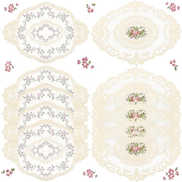 Mixweer 10 Pcs Beige Retro Lace Placemats Oval Embroidered Table Place Mats French Crochet Doilies Vintage Coasters Cup Mat 12'' x 16'' for Wedding Cup Vase Table Decor