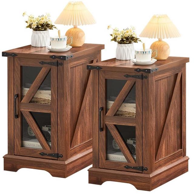 Joaxswe Narrow Night Stand Set 2, Farmhouse Side End Table with Glass Barn Door Storage, Bedside Tables, Retro Nightstand Cabinet Organizer for Small Spaces Living Room Bedroom