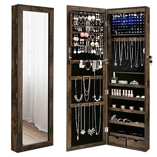 SONGMICS Lockable Jewelry Cabinet Armoire, Wall Mounted Storage Organizer Unit, with Mirror and Various Compartments for Necklace Earrings, Rustic Brown UJJC93CB