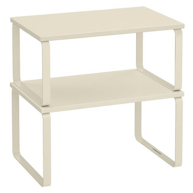 SONGMICS Cabinet Organizer Shelf, Set of 2 Kitchen Counter Shelves, Kitchen Storage, Spice Rack, Stackable, Expandable, Metal and Engineered Wood, Cream White UKCS002W02
