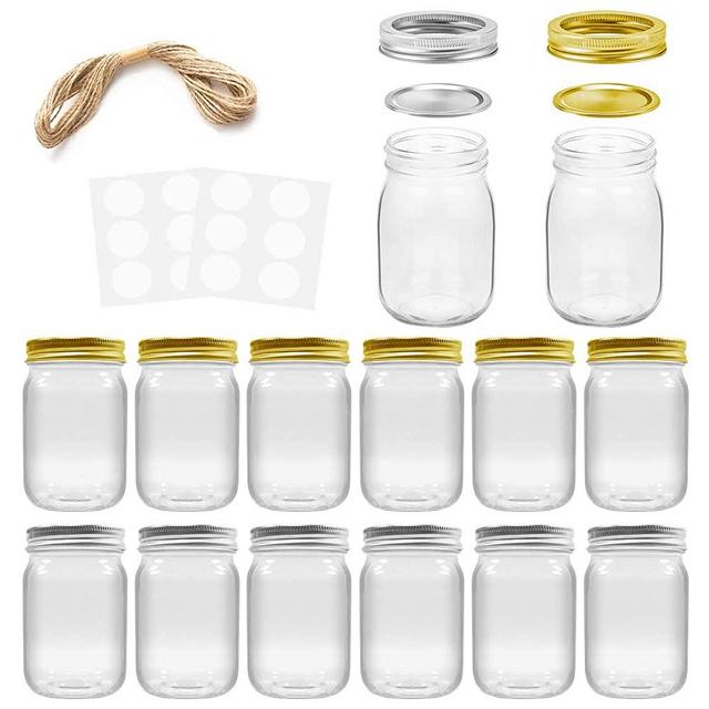 Mason Jars, SPANLA 16 OZ Mason Jars Glass Jars with Regular Lids and Bands, Ideal for Jam, Honey, Wedding Favors, Shower Favors, Baby Foods, DIY Magnetic Spice Jars, 12 PACK, 12 Whiteboard Labels