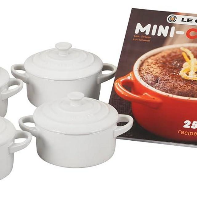 Le Creuset Stoneware Set of 4 Mini Cocottes with Cookbook, 8 oz. each, White