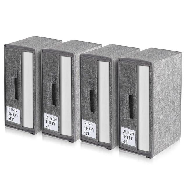 Sheet Cube Foldable Bed Sheet Set Organizer with Window and Handle for bedding, Linen Closet Sheet Organizer can Storage Sheets, Duvet Cover, Pillowcase and Towels, 4-Pack