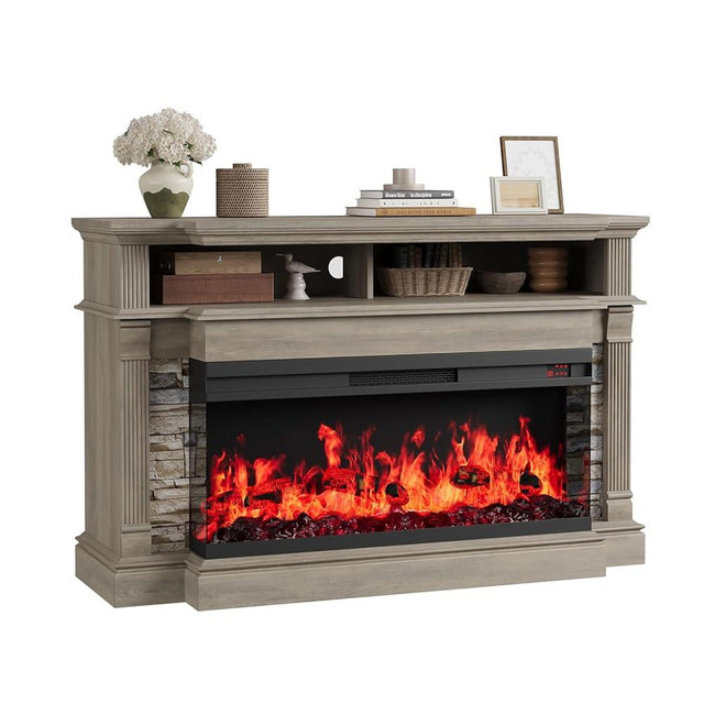QUW Fireplace TV Stand for TVs up to 65", Farmhouse 52" Fireplace Entertainment Center with 36" 3-Side Glass Electric Fireplace, TV Console with Open Storage Shelves for Living Room, Grey
