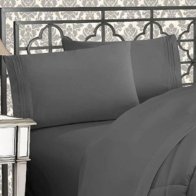 Elegant Comfort Luxurious 1500 Thread Count Egyptian Quality Three Line Embroidered Softest Premium Hotel Quality 4-Piece Bed Sheet Set, Wrinkle and Fade Resistant, California King, Gray