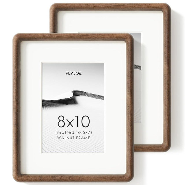 FLYJOE 8x10 Picture Frame Set of 2, Natural Solid Walnut Wood Photo Frame with Tempered Glass, Handcrafted Rounded Corner 8 x 10 Wooden Frame Matted to 5x7 Photo, Wall or Tabletop Display
