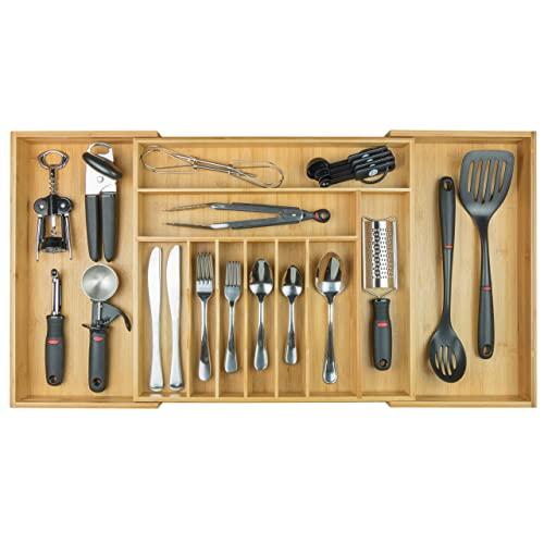 KitchenEdge Premium Silverware, Flatware and Utensil Organizer for Kitchen Drawers, Expandable to 33 Inches Wide, 11 Compartments, 100% Bamboo