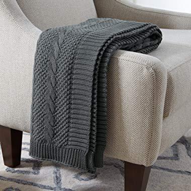 Stone & Beam 100% Cotton Transitional Chunky Cable Knit Throw, 70" x 40", Charcoal