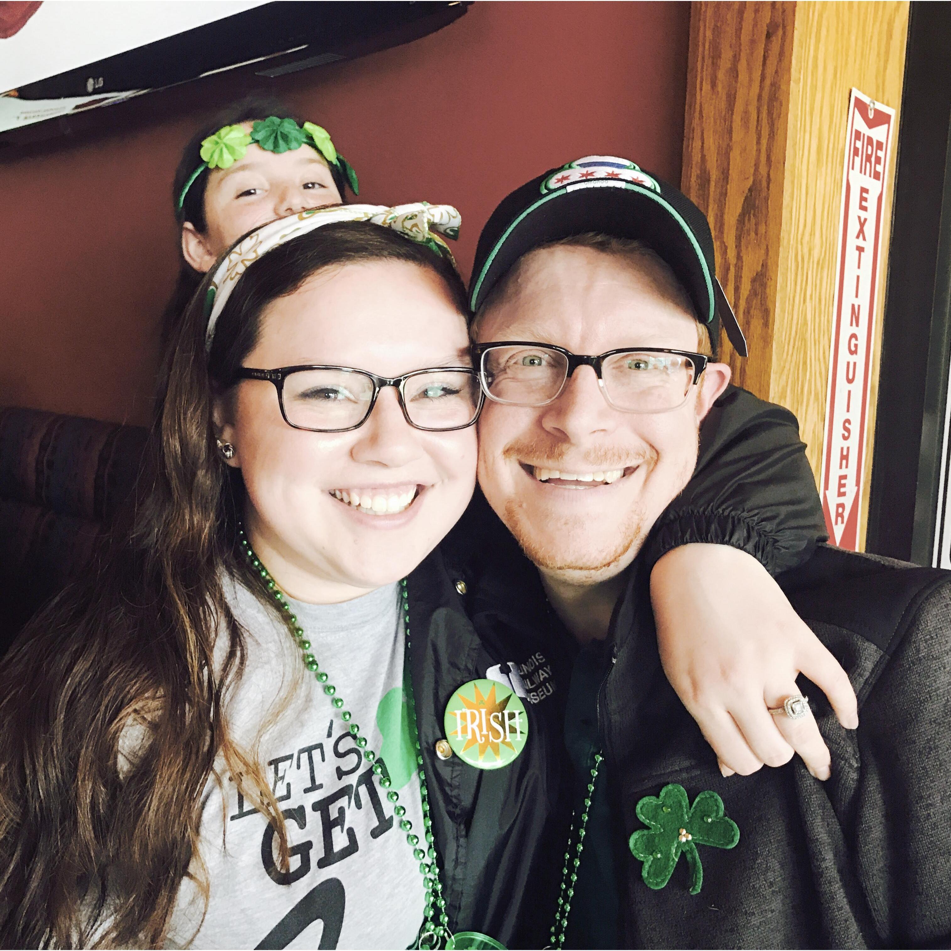 During St. Patrick's Day in Edison Park in Chicago, and little Allie making sure that her forehead is festively adorned and she is in the picture too!