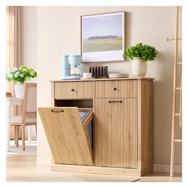 Tilt-Out Trash Cabinet, Hidden Trash Can with 20 Gallon Storage, Wooden Hidden Garbage Can Cabinet with 2 Drawers for Kitchen & Living Room, Beige