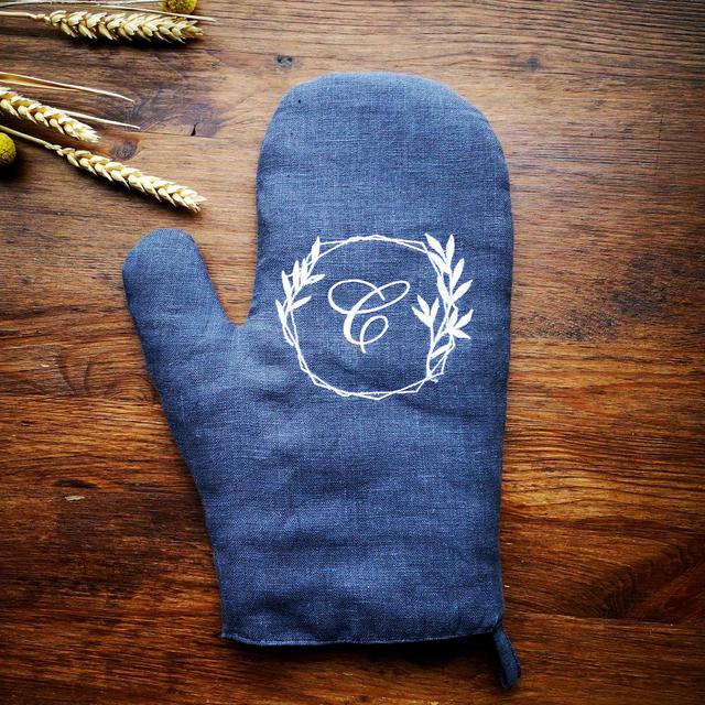 "B" Monogrammed Linen Oven Mitt, White Embroidery