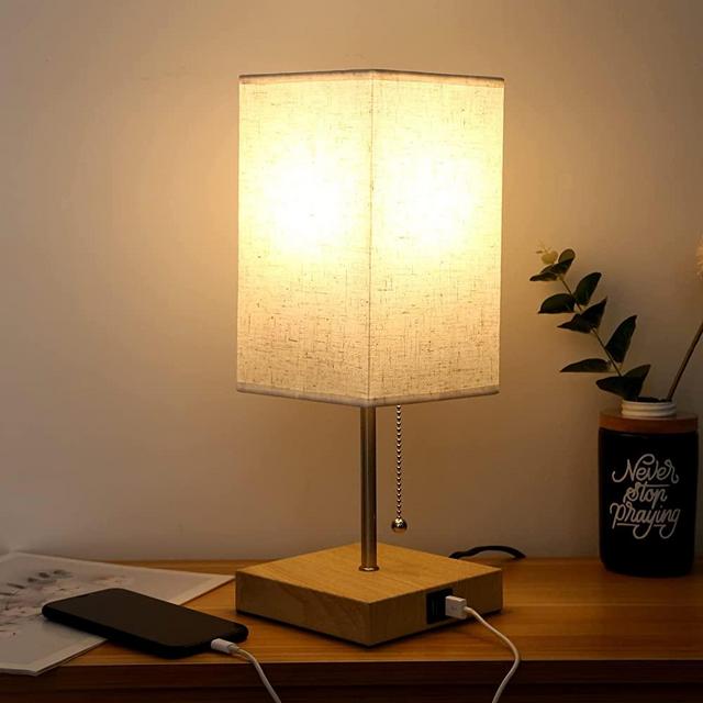 Bedside Table Lamp with 2 USB Ports & AC Outlet, 7W Warm White LED Bulb Included, Desk Lamp with Square Flaxen Fabric Shade, Modern Design Nightstand Light Suitable for Bedroom, Living Room, Office