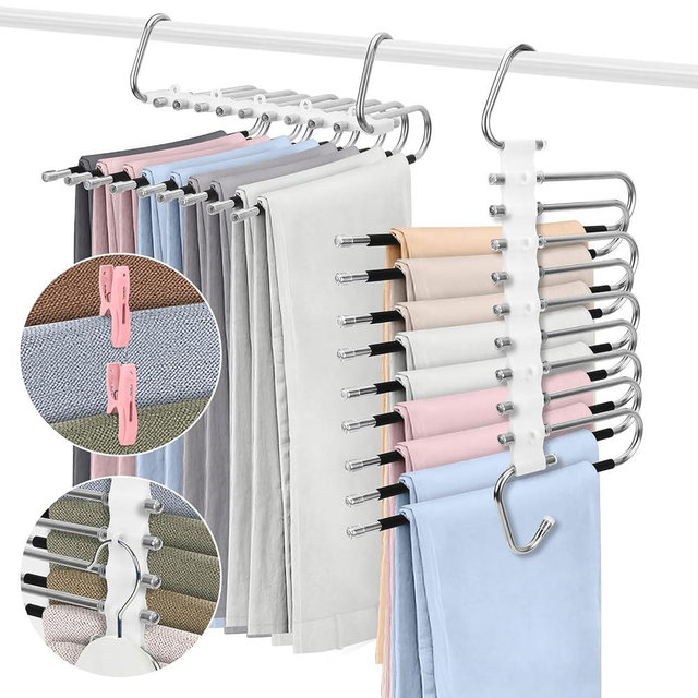 SAN LIKE 2 Pack 9 Layers Pants Hangers Space-Saving Stainless Steel Closet Hangers 20pcs Fixed Clips Non-Slip Multi-Functional Pants Rack Two Hanging Modes for Trousers Jeans Leggings Scarf Skirts