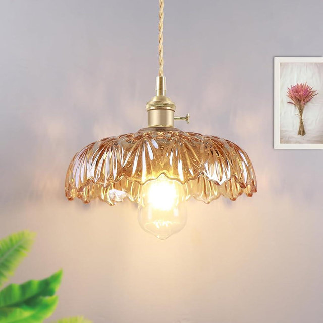 Jodauirt Vintage Plug in Pendant Light Mid Century Modern Pendant Light with Hand Blown Amber Glass Shade 1-Light Farmhouse Chandelier Ceiling Hanging Light Fixtures for Kitchen Island Over Sink