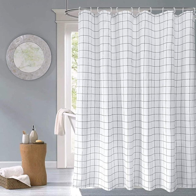 AooHome Standard 72x72 Inch Fabric Shower Curtain, Black and White Geometric Grid Bathroom Curtain with Hooks, Heavy Duty, Weighted Hem, Waterproof