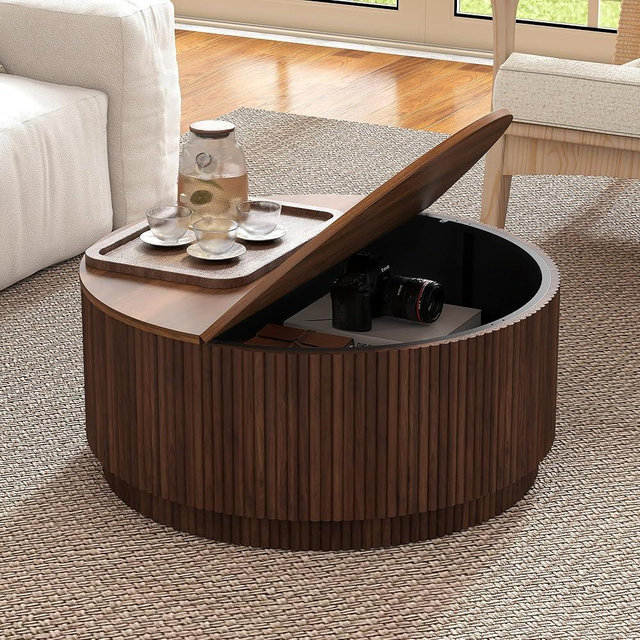 31.5" Round Coffee Table with Storage, Mid Century Modern Coffee Tables with Fluted Base, Wooden Circle Accent Center Table for Living Room Small Space Apartment Office (Walnut)