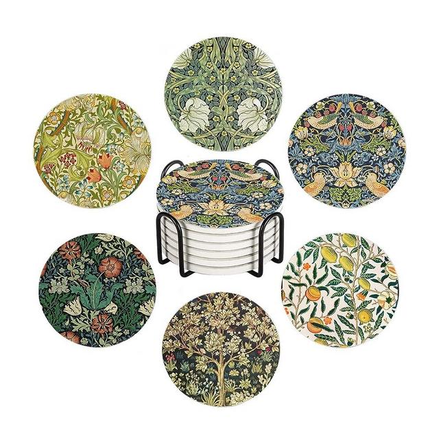 HUXJOKO Coasters for Drinks Set of 6,William Morris Floral Pattern Absorbent Ceramic Coaster,Round Stone Mat,with Cork Base and Metal Holder for Coffee Table Room Bar Home Decor Housewarming Gifts