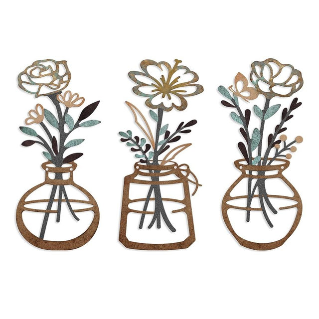 ARTINME 3 Pieces Metal Flowers Wall Arts - Rustic Farmhouse Decor Minimalist Flower Wall Decors for Living Room Bathroom Kitchen Bedroom Dining Room - Housewarming Gifts (Brown)