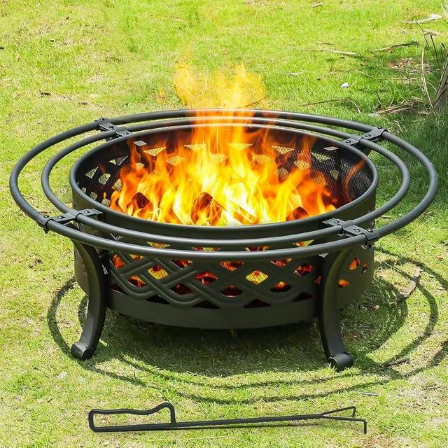 Panovue 42 Inch Outdoor Fire Pit with 2 Loops,Crossweave Wood Burning Fire Pits for Outside,with Spark Screen,Fire Poker,Round Metal Firepit for Patio,Backyard,Beach,Camping,Bonfire(42''Black)