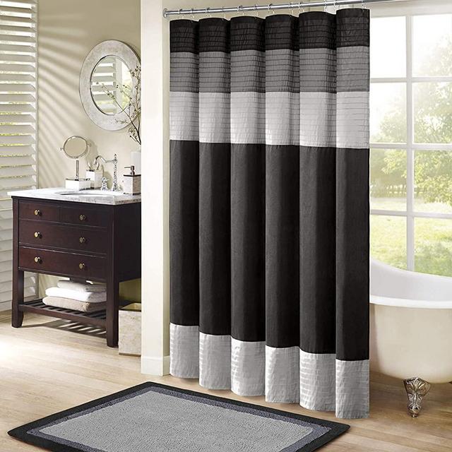 Madison Park Amherst Bathroom Shower Curtain Faux Silk Pieced Striped Modern Microfiber Bath Décor, 72x72 Inches, Black