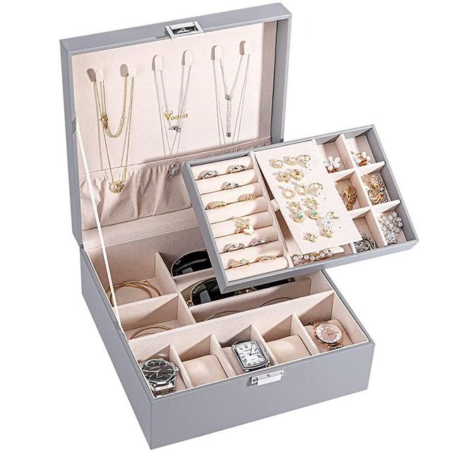 Voova Jewelry Box Organizer for Women Teen Girls,2 Layer Large Watch Storage Case for Men,PU Leather Display Jewellery Holder with Removable Tray for Watches Sunglasses Rings Earrings Necklace (Grey)