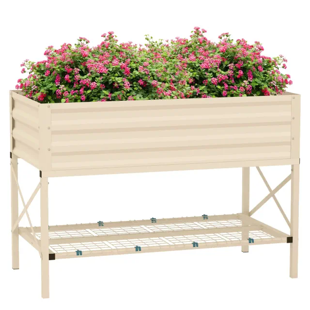 Outsunny Galvanized Raised Garden Bed, Metal Planter Box with Legs, Storage Shelf and Bed Liner, Cream