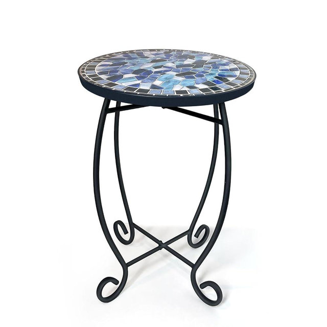 LIFFY Outdoor Side Table,12" Round Ceramic Tile Tabletop Accent Table with Metal Frame, Indoor Small Decorative Plant Stand & End Table for Home, Patio, Garden