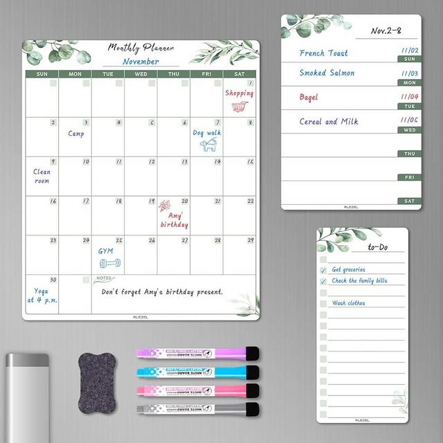 ALEZEL Dry Erase Fridge Calendar Magnetic, Greenery White Board Calendar Dry Erase for Refrigerator - Set of Vertical Monthly & Weekly Calendar for Fridge with 1 List Board, 4 Markers + Eraser