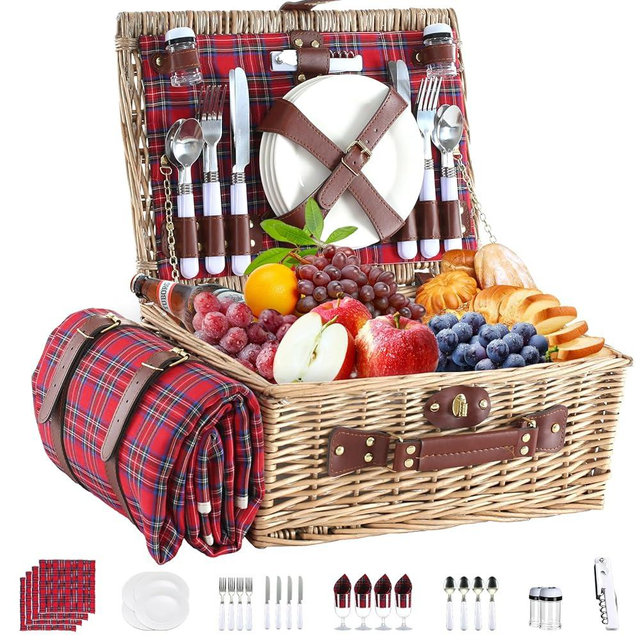 Picnic Basket for 4 Persons Willow Weaving Picnic Set with Cooler Insulation Bag and Waterproof Picnic mat Picnic Baskets for Camping,Wedding,Summer Beach, Outdoor,Birthday Gifts