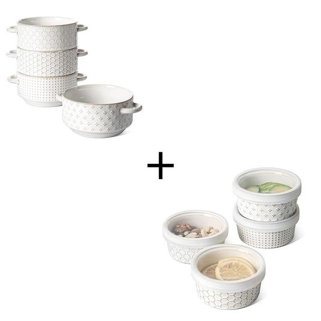 LE TAUCI Soup Bowls with Handles, 20 oz French Onion Soup Crocks- 5.4 Inch, Set of 4+Ramekins with Lids 8 oz for Creme Brulee, Lava Cakes, Pudding, Custard Cups- 4.4 inch, Set of 4, Arctic White