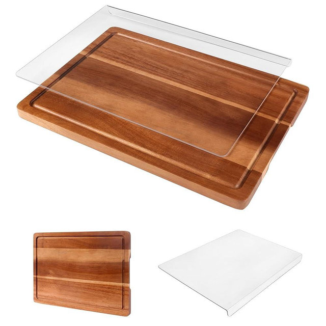 Cutting Board Set of 2 – Acacia Wood & Acrylic Cutting Board with Counter Lip for Kitchen, Wooden Chopping Board with Juice Grooves for Vegetables, Fruits, Meat