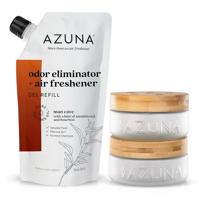 Azuna Air Freshener & Odor Eliminator Gel 2 Room Kit, Includes (2) 8 oz. Empty Luxe Glass Jars & 12 oz. Refill with Tea Tree Essential Oil, Sandalwood/Bourbon, Works 24/7 for 60-90 Days