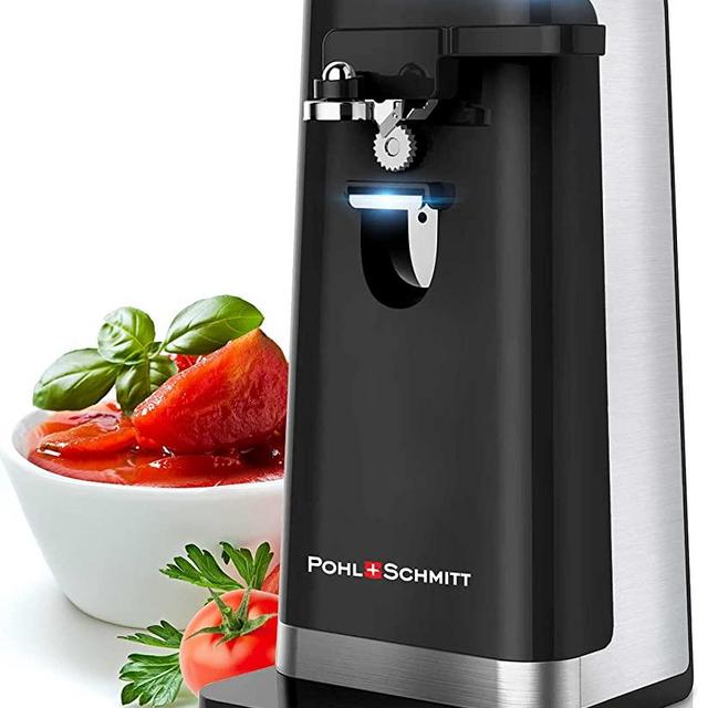 POHL SCHMITT Electric Can Opener, Knife Sharpener and Bottle Opener, Easy Push Down Lever, Black
