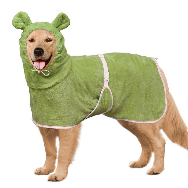 Dog Bathrobe Super Absorbent Towel Robe - Microfiber Bath Towels Fast Drying Coat for Dogs, Cute Dogs Clothes Adjustable Collar & Belly Strap Warm Keeping Hooded Dog Towel (Olive Green, X-Large)