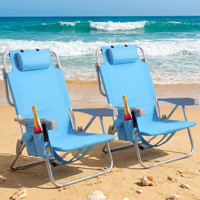 PASAMIC Backpack Beach Chairs for Adults 2 Pack Portable, Lay Flat Reclining Beach Chairs with 5 Positions, Tall Heavy Duty Folding Chair with Cup Holder, Cooler Pouch, Towel Bar, Blue