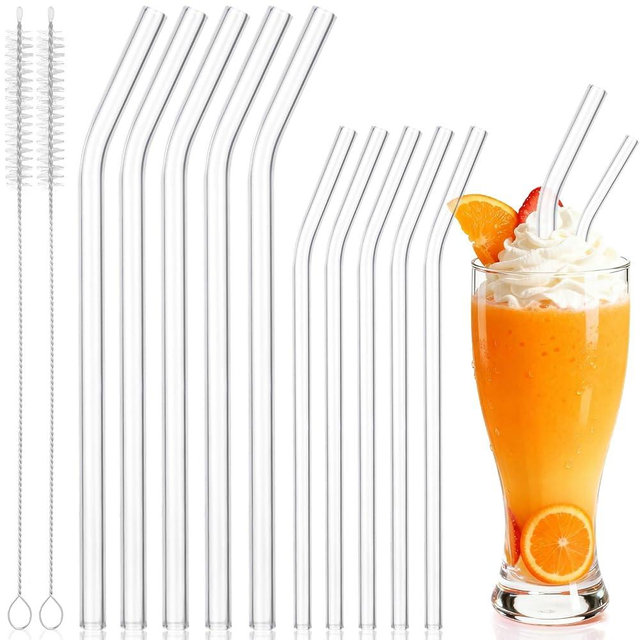 BIEOFFEI 10 Pack Reusable Glass Straws - 8" x 8mm and 9" x 10mm, Clear Glass Drinking Straws for Smoothies, Milkshake, Coffee, Juice, Cocktails, Each Size Including 5 Bent with 2 Cleaning Brushes
