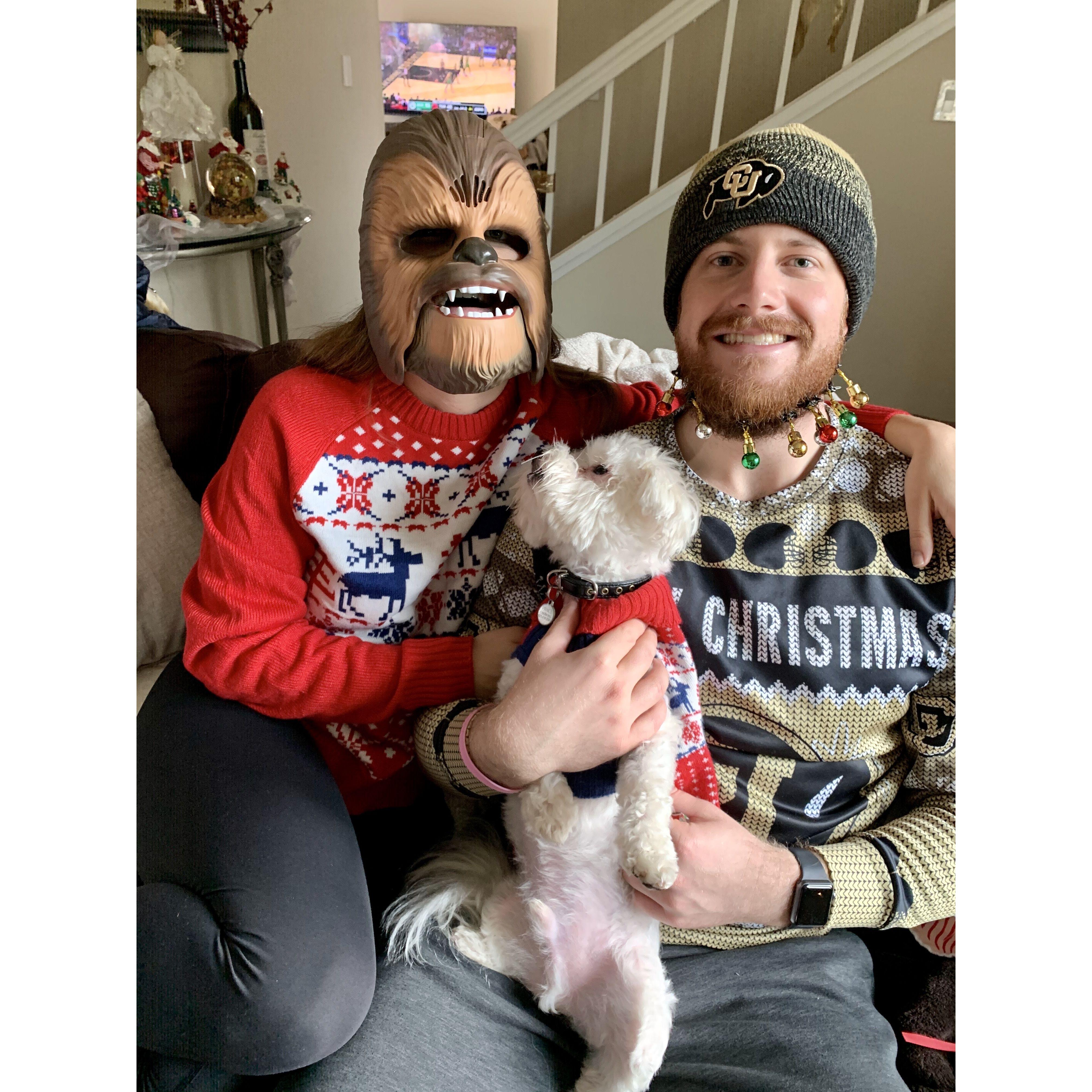 Our last Christmas with Prince Charming. He did NOT like the Chewbacca mask!