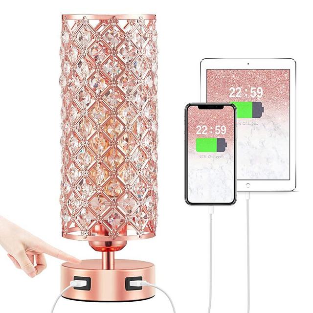 Touch USB Table Lamp, Rose Gold Lamp 3 Way Dimmable with Crystal Lampshade, Bedside Lamp with Dual USB Ports, Touch Light for Living Room Bedroom Home, Charge Phone Ipad Kiddle/etc. (Bulb Included)