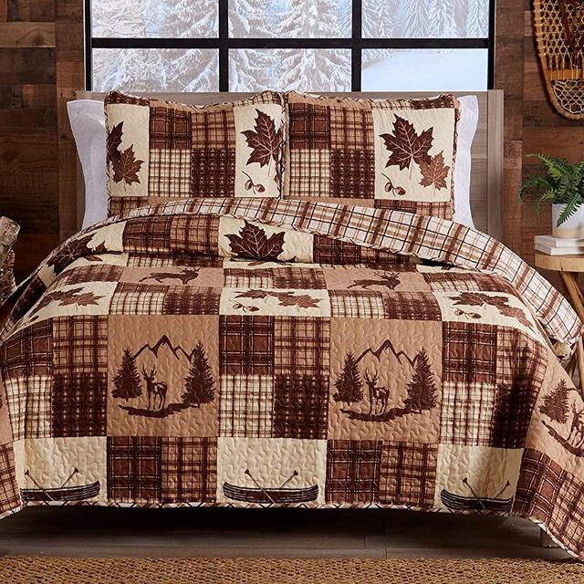 Lodge Bedspread King Size Quilt with 2 Shams. Cabin 3-Piece Reversible All Season Quilt Set. Rustic Quilt Coverlet Bed Set. Redwood Collection.