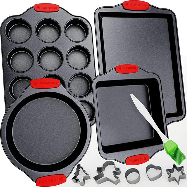 Premium Non-Stick Baking Pans Set of 4 - Heavy Duty & PBA Free Baking Pan Set w/ Cookie Baking Sheet, 12 Cup Muffin Tin, Square Pan, Round Cake Pan - Easy to Clean Bakeware Sets w/ Silicone Handles