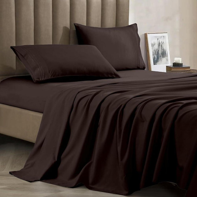 CELINE LINEN Premium 1800 Hotel Quality Wrinkle-Resistant 4-Piece Microfiber Sheet Set - Luxury Ultra Soft and Breathable Bedding 16 Inch Deep Pocket 4PC Sheet Set, California King, Brown