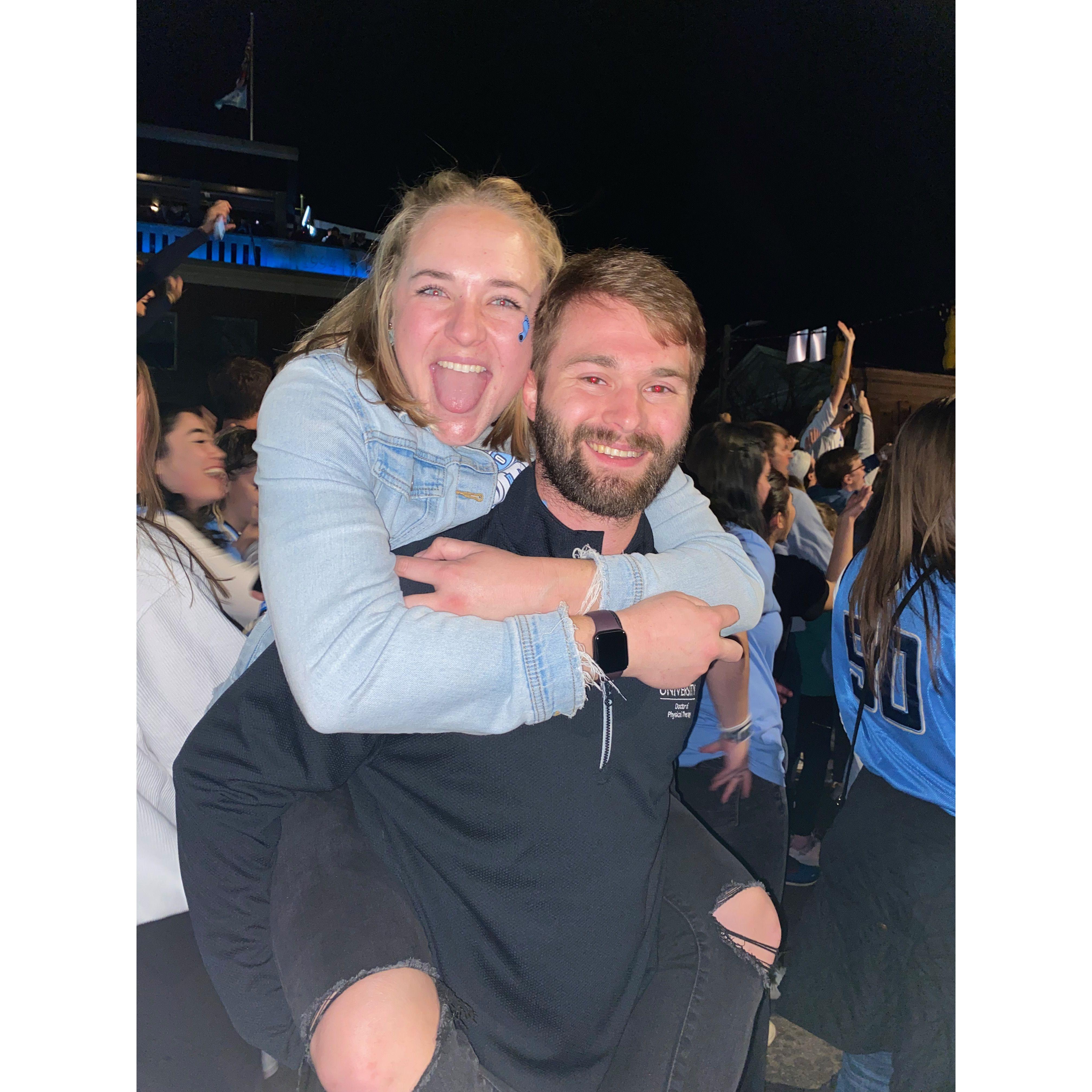 It didn't take long for Emily to convince Hunter to become a Tar Heel. This photo documents Hunter's first Franklin Street celebration after UNC beat Duke in the Final Four on April 2, 2022!