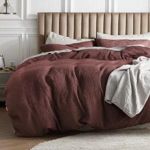 Bedsure Cotton Duvet Cover Queen - 100% Cotton Waffle Weave Madder Brown Duvet Cover Queen Size, Soft and Breathable Bedding Set for All Season, 90"x90"