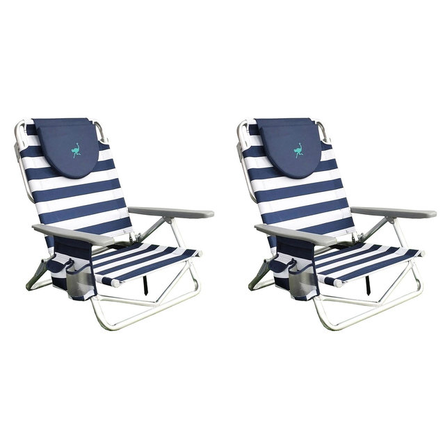 Ostrich On-Your-Back Portable Lightweight Sand Beach 6" Off-The-Ground Lounge Chair with 5 Adjustable Positions, Blue and White