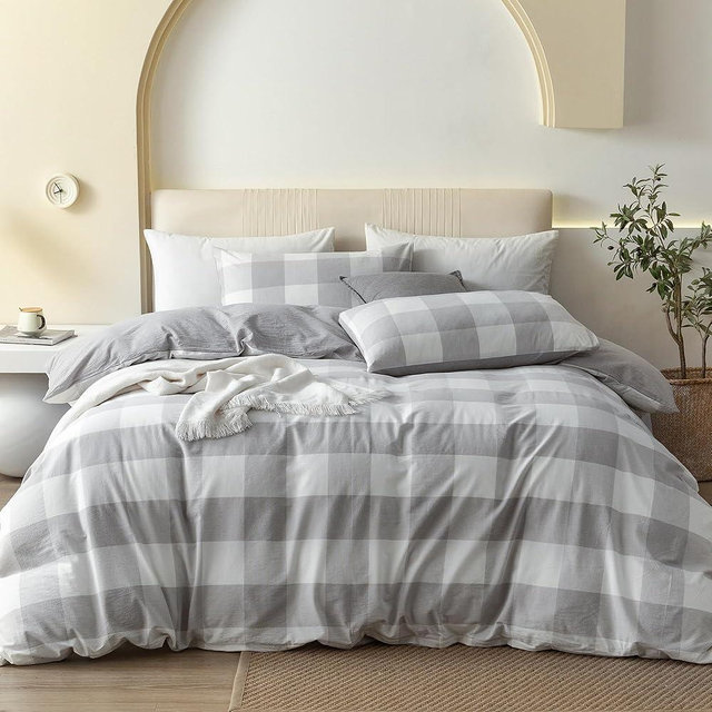 JIYUAN Queen Size Duvet Cover Set, 3-Piece - 100% Washed Cotton, Linen-Like Soft & Breathable with Zipper Closure, Includes 90x90 Inch Cover & 2 Pillowcases, Heathered Plaid Grey