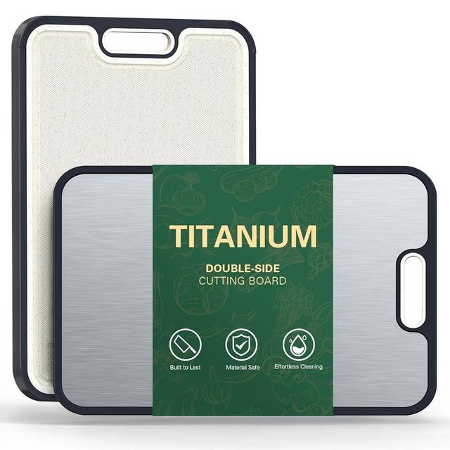 Titanium Cutting Board, Double-Sided Titanium & Straw Plastic Cutting Board, Durable Titaniums Cutting Boards for Kitchen with Deep Juice Grooves & Built-in Handles, Ideal Kitchen Gifts-Back