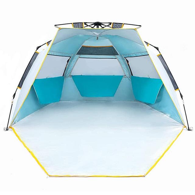 WolfWise 3-4 Person Easy Up Beach Tent UPF 50+ Portable Instant Sun Shelter Canopy Umbrella with Extended Zippered Porch