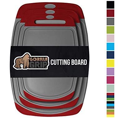 GORILLA GRIP Original Oversized Cutting Board, 3 Piece, BPA Free, Juice Grooves, Larger Thicker Boards, Easy Grip Handle, Dishwasher Safe, Non Porous, Extra Large, Kitchen, Set of 3, Gray Red